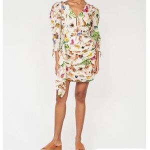 Rhode Piper Safari Animal Print Cotton V-Neck Mini Dress White Medium Casual